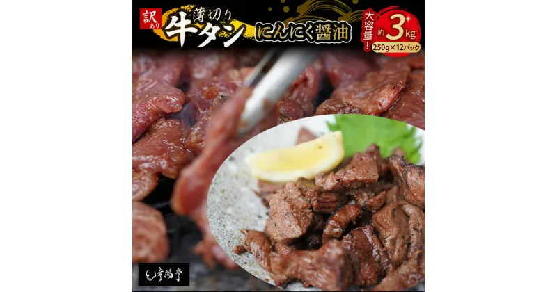 【ふるさと納税】 【 訳あり 】 牛タン 薄切り 3kg (250g×12) にんにく 醤油漬け 切り落とし 端材 牛肉 冷凍 牛 タン 肉 小分け スライス 不揃い 焼肉 簡単 調理 キャンプ アウトドア バーベキュー BBQ セット 味付け肉 味付け牛タン 焼くだけ 簡単 小分けタイプ